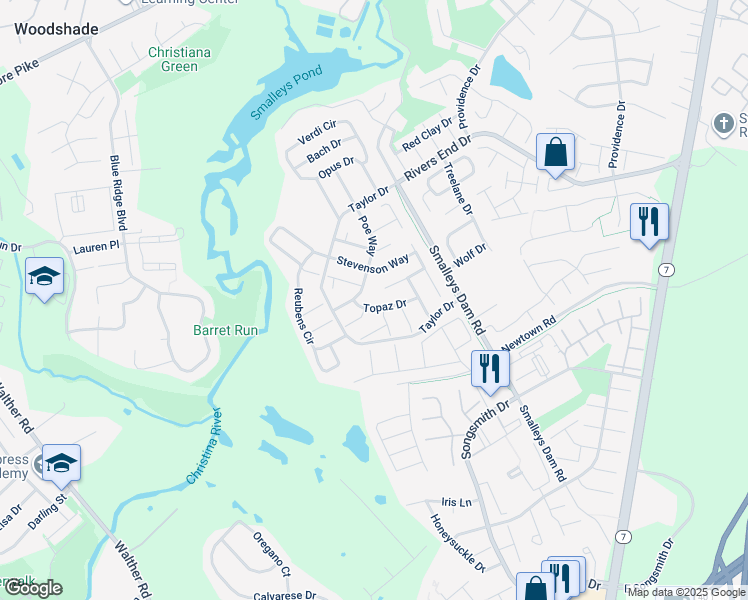 map of restaurants, bars, coffee shops, grocery stores, and more near 5 Topaz Drive in Newark