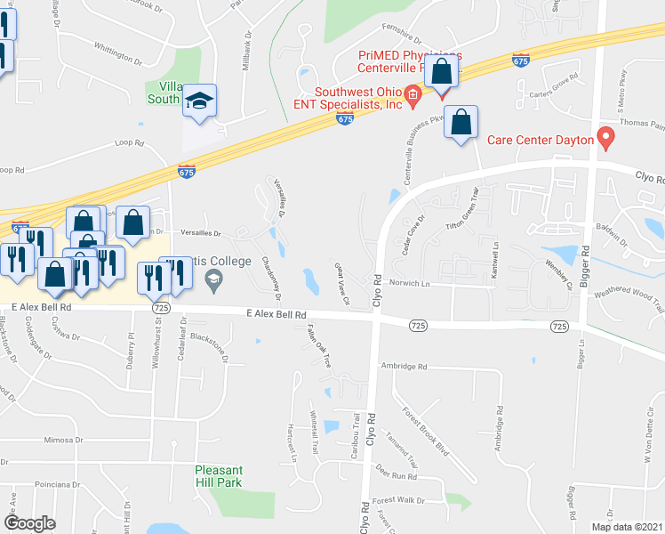 map of restaurants, bars, coffee shops, grocery stores, and more near 908 Great View Circle in Dayton