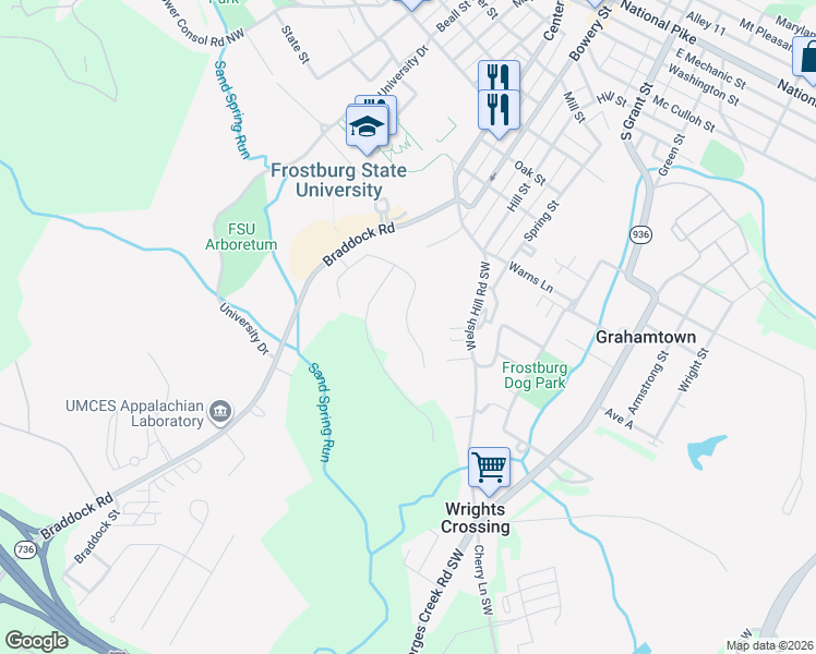 map of restaurants, bars, coffee shops, grocery stores, and more near 112 Braddock Heights in Frostburg