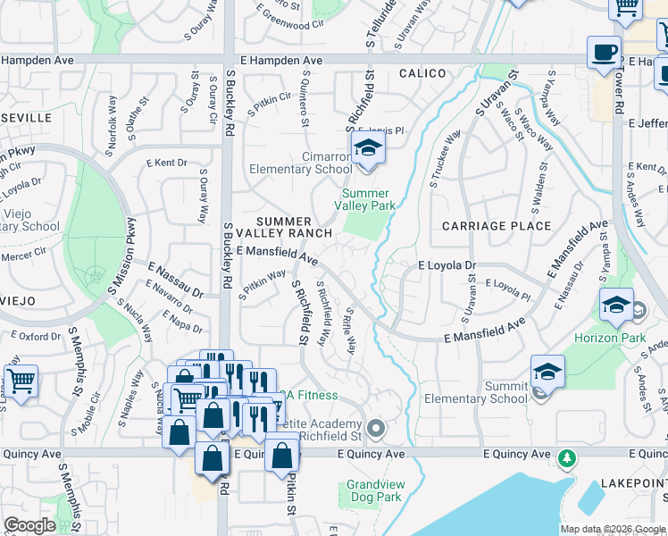 map of restaurants, bars, coffee shops, grocery stores, and more near 17453 East Mansfield Avenue in Aurora