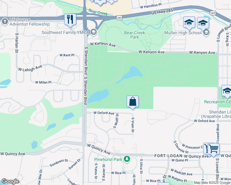 map of restaurants, bars, coffee shops, grocery stores, and more near 2001 Denver Drive in Denver