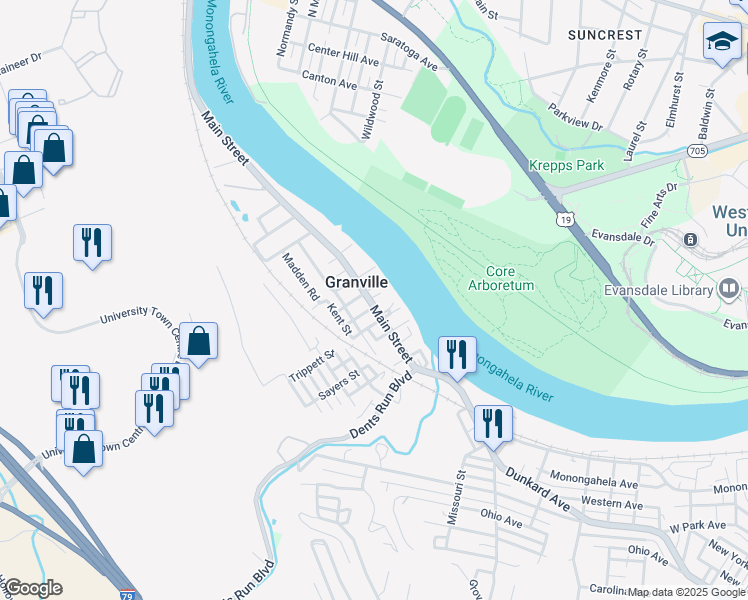 map of restaurants, bars, coffee shops, grocery stores, and more near 1104 Main Street in Granville