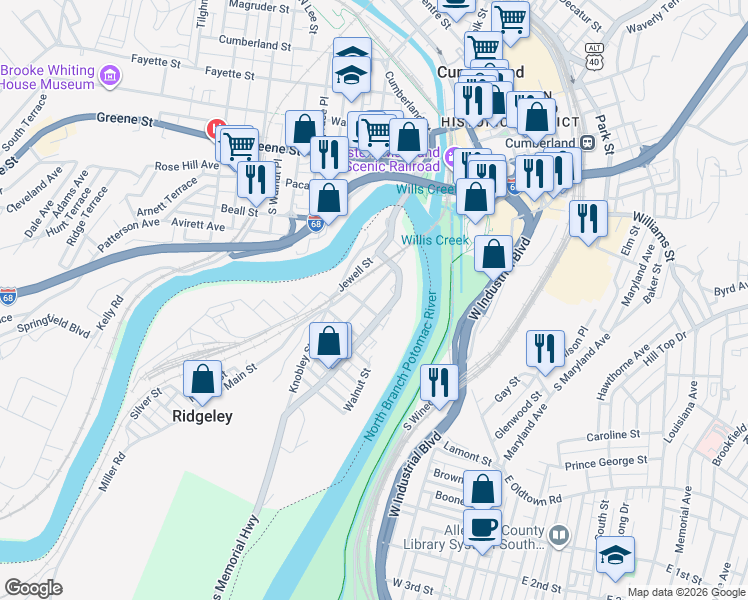 map of restaurants, bars, coffee shops, grocery stores, and more near 7 Potomac Street in Ridgeley