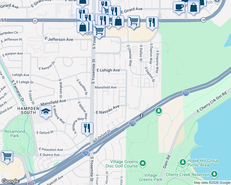 map of restaurants, bars, coffee shops, grocery stores, and more near 9238 Mansfield Avenue in Denver