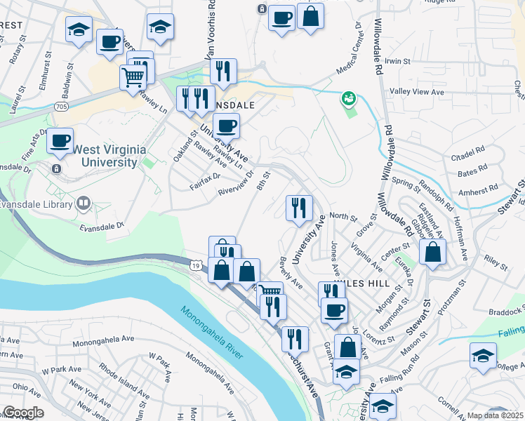 map of restaurants, bars, coffee shops, grocery stores, and more near 353 Gilmore Street in Morgantown