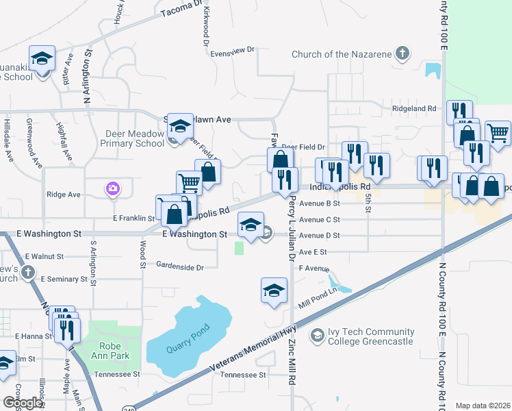map of restaurants, bars, coffee shops, grocery stores, and more near 842 Indianapolis Road in Greencastle
