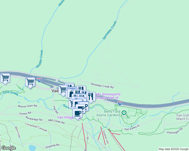 map of restaurants, bars, coffee shops, grocery stores, and more near 1081-1085 Riva Glen in Vail