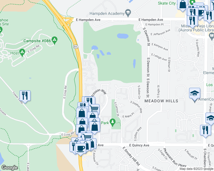 map of restaurants, bars, coffee shops, grocery stores, and more near 3996 South Atchison Way in Aurora