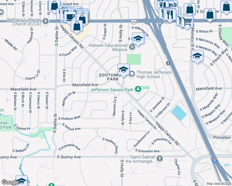 map of restaurants, bars, coffee shops, grocery stores, and more near 3981 S Holly Way in Englewood