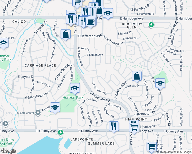 map of restaurants, bars, coffee shops, grocery stores, and more near 3913 South Bahama Street in Aurora