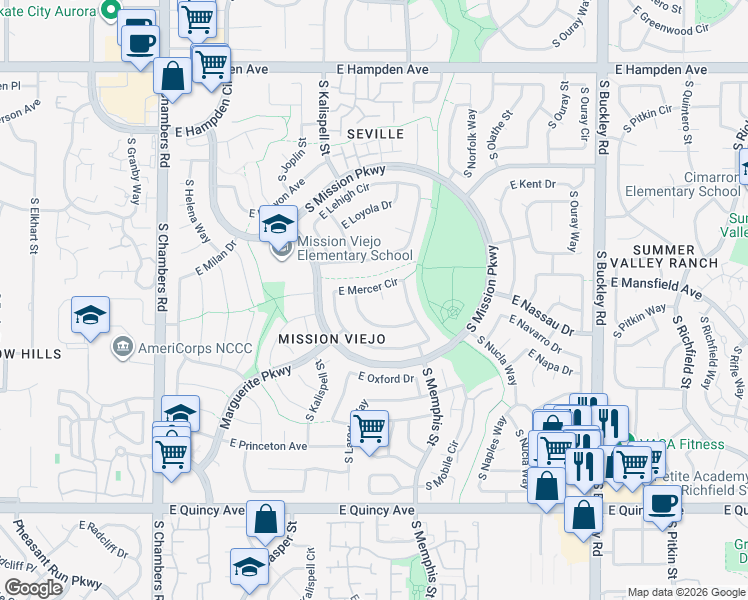 map of restaurants, bars, coffee shops, grocery stores, and more near 3936 South Kalispell Street in Aurora