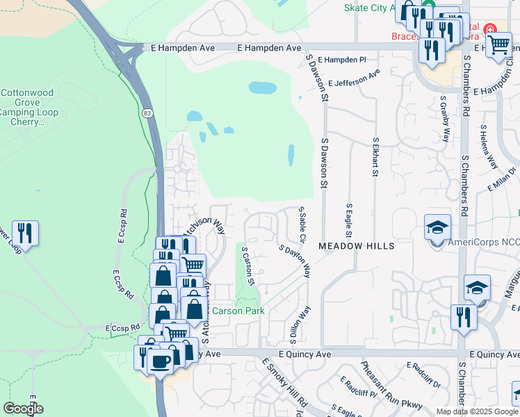 map of restaurants, bars, coffee shops, grocery stores, and more near 3952 South Carson Street in Aurora