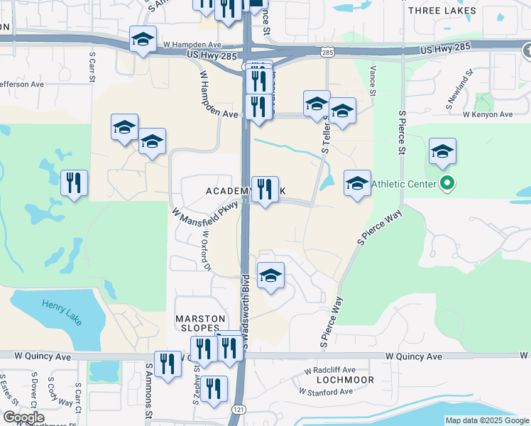 map of restaurants, bars, coffee shops, grocery stores, and more near 3972-4004 South Wadsworth Boulevard in Lakewood