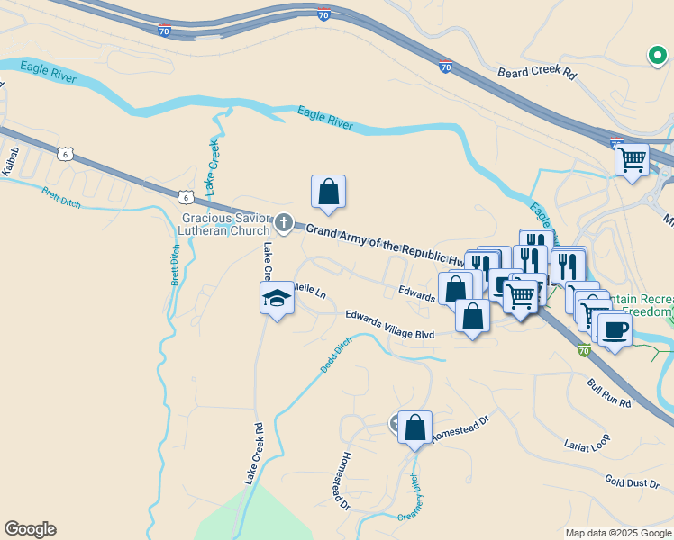 map of restaurants, bars, coffee shops, grocery stores, and more near 98 Aspen Glen Court in Edwards