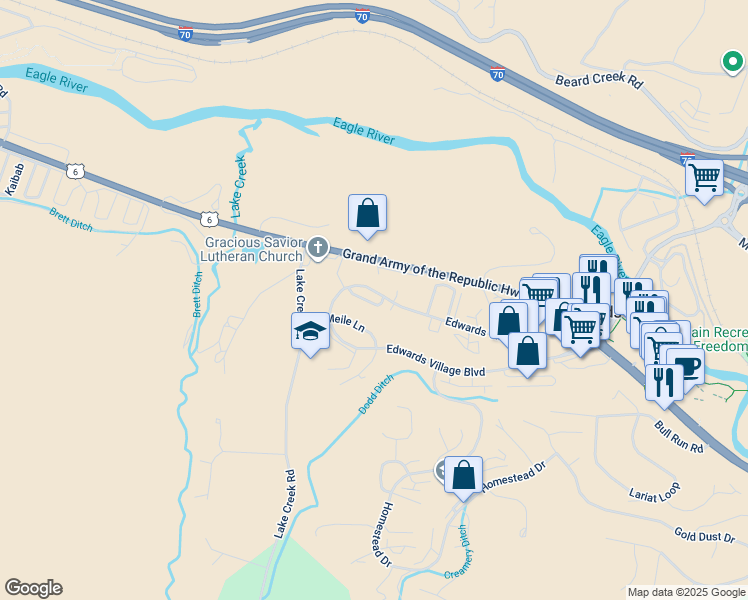 map of restaurants, bars, coffee shops, grocery stores, and more near 98 Aspen Glen Court in Edwards
