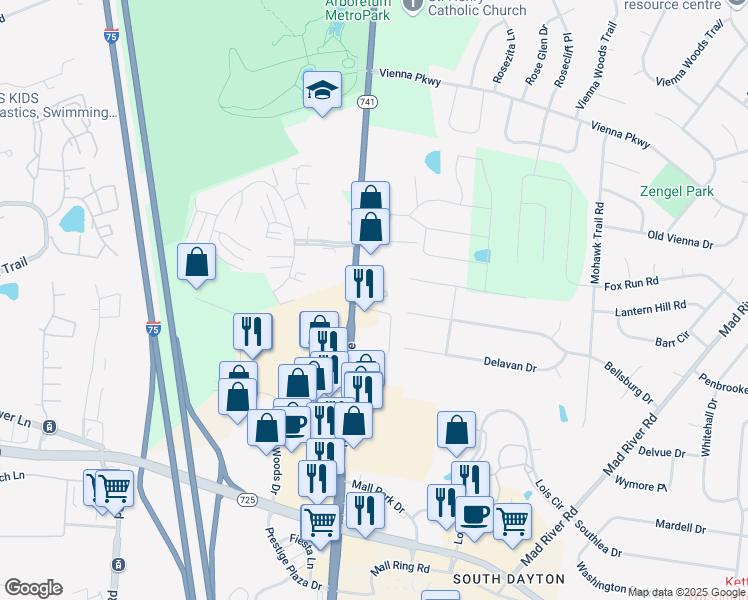 map of restaurants, bars, coffee shops, grocery stores, and more near 7300 North Springboro Pike in Dayton
