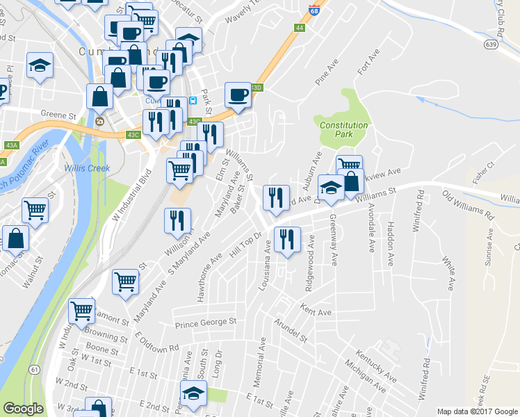 map of restaurants, bars, coffee shops, grocery stores, and more near 402 Louisiana Avenue in Cumberland