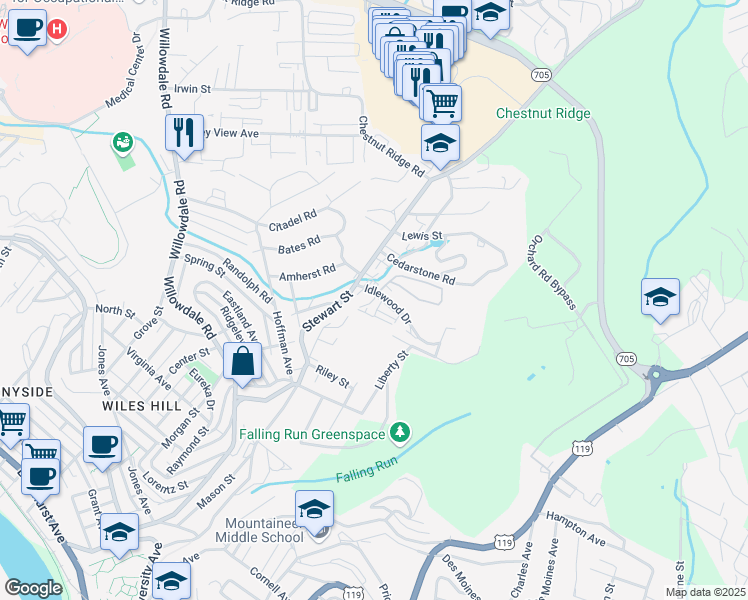 map of restaurants, bars, coffee shops, grocery stores, and more near 810 Idlewood St in Morgantown