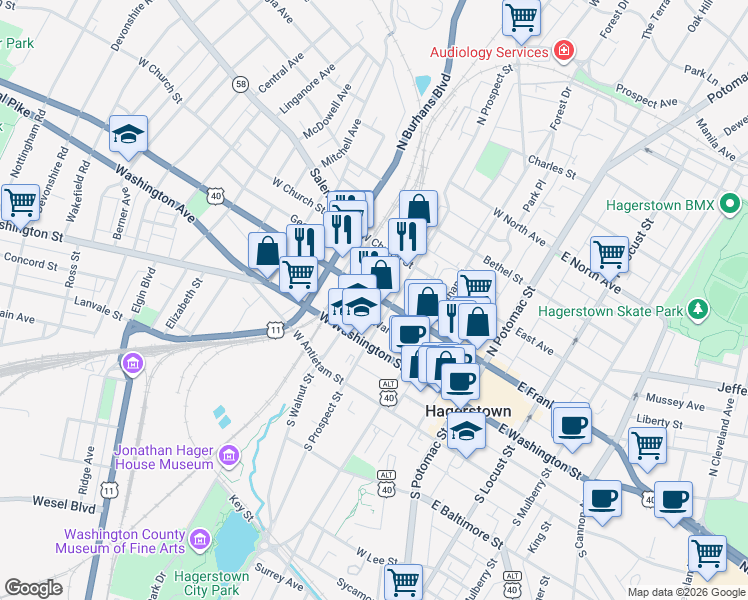 map of restaurants, bars, coffee shops, grocery stores, and more near 219 West Franklin Street in Hagerstown