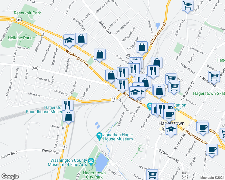 map of restaurants, bars, coffee shops, grocery stores, and more near 436 West Antietam Street in Hagerstown