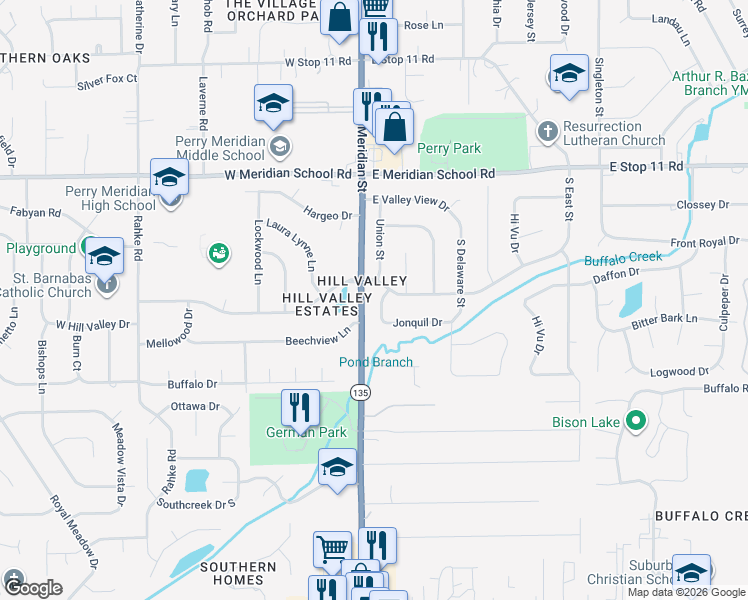 map of restaurants, bars, coffee shops, grocery stores, and more near 8306 Union Street in Indianapolis