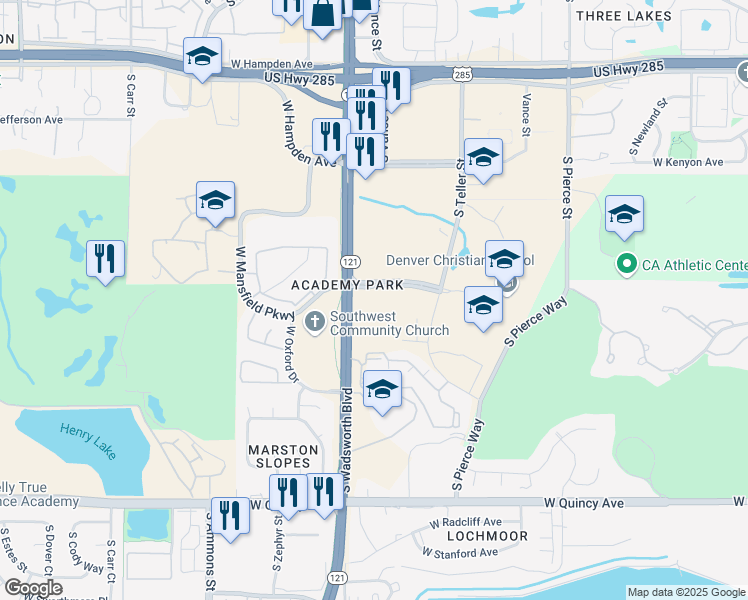 map of restaurants, bars, coffee shops, grocery stores, and more near 3900 South Wadsworth Boulevard in Lakewood