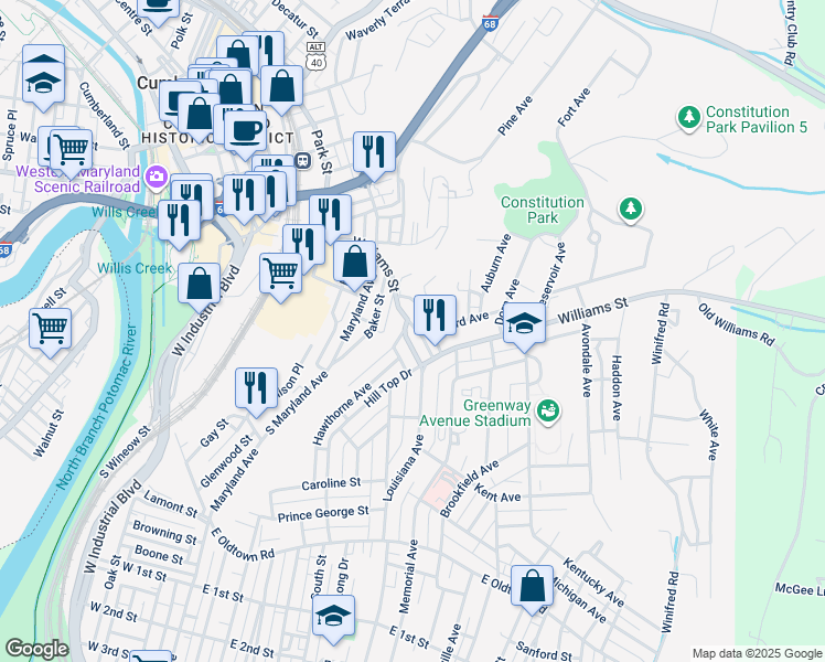map of restaurants, bars, coffee shops, grocery stores, and more near 400 Louisiana Avenue in Cumberland