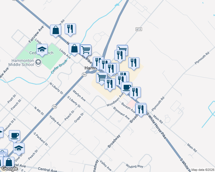 map of restaurants, bars, coffee shops, grocery stores, and more near 80 South White Horse Pike in Hammonton