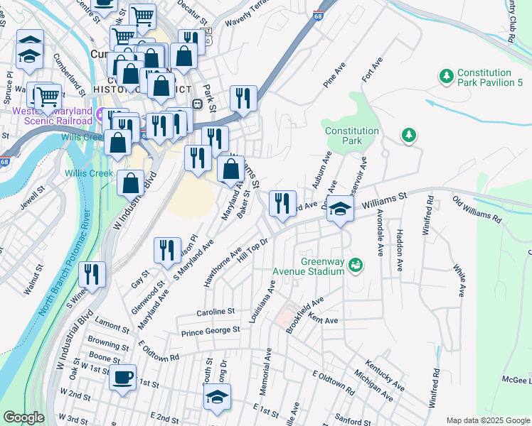 map of restaurants, bars, coffee shops, grocery stores, and more near 402 Louisiana Avenue in Cumberland