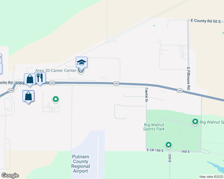 map of restaurants, bars, coffee shops, grocery stores, and more near 2128-2158 East State Road 240 in Greencastle
