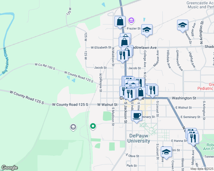 map of restaurants, bars, coffee shops, grocery stores, and more near 199 North Jefferson Street in Greencastle