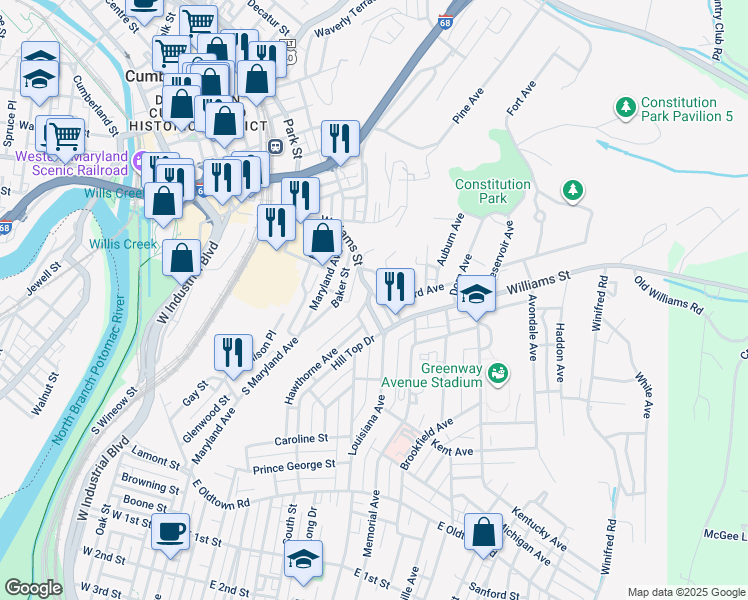 map of restaurants, bars, coffee shops, grocery stores, and more near 400 Louisiana Avenue in Cumberland