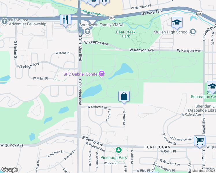 map of restaurants, bars, coffee shops, grocery stores, and more near Denver Drive in Denver