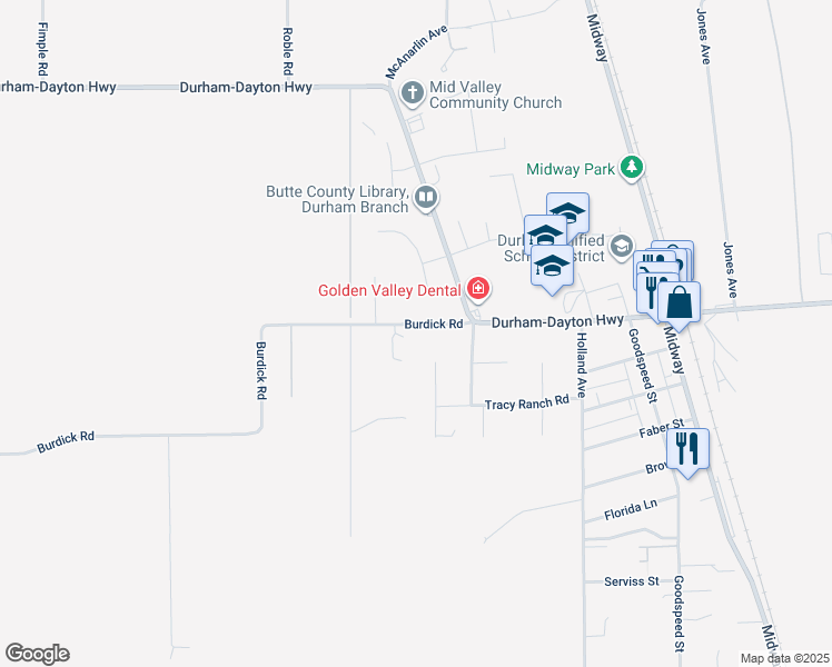 map of restaurants, bars, coffee shops, grocery stores, and more near 2549 Burdick Road in Durham