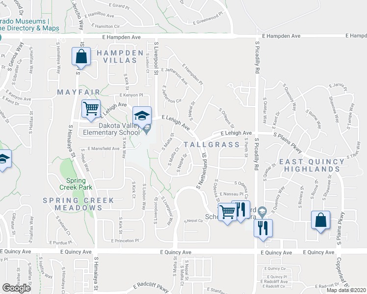 map of restaurants, bars, coffee shops, grocery stores, and more near 3928 South Malta Court in Aurora