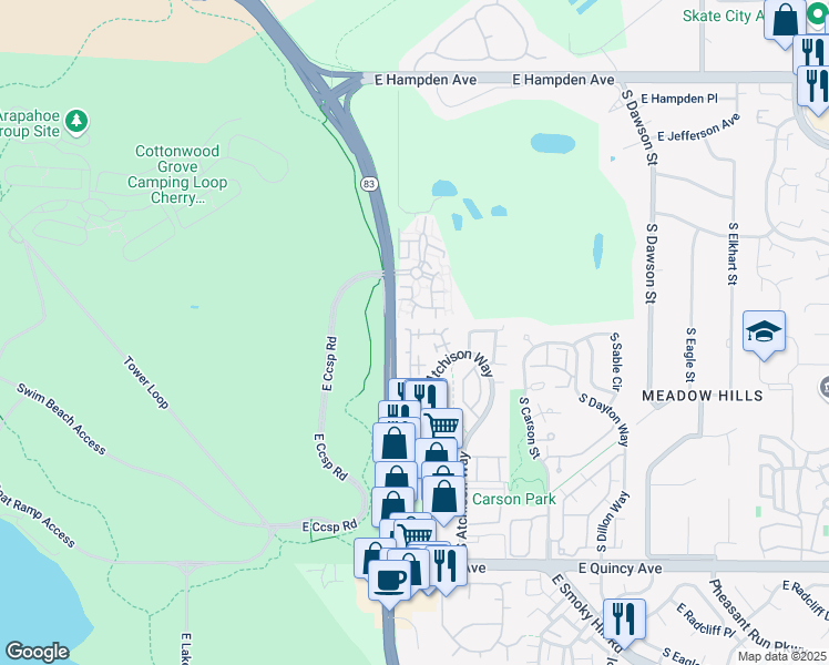 map of restaurants, bars, coffee shops, grocery stores, and more near 3850a South Atchison Way in Aurora