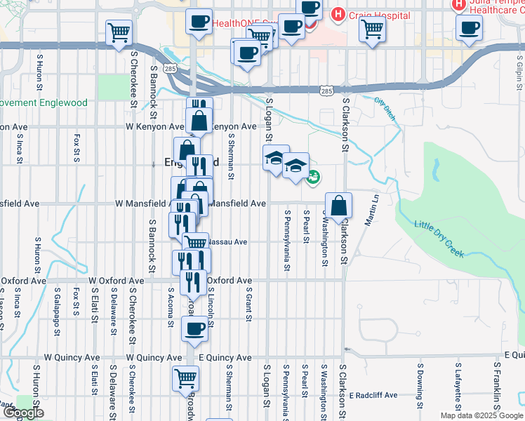map of restaurants, bars, coffee shops, grocery stores, and more near 3935 South Logan Street in Englewood