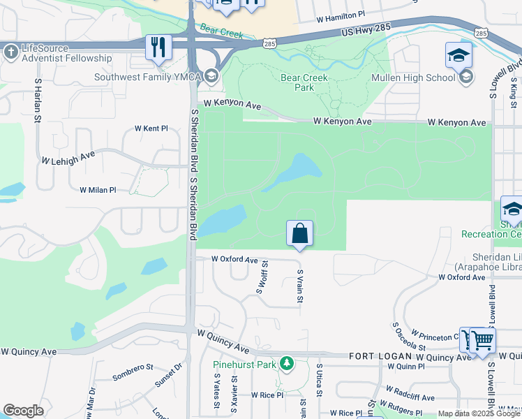 map of restaurants, bars, coffee shops, grocery stores, and more near 2001 Denver Drive in Denver