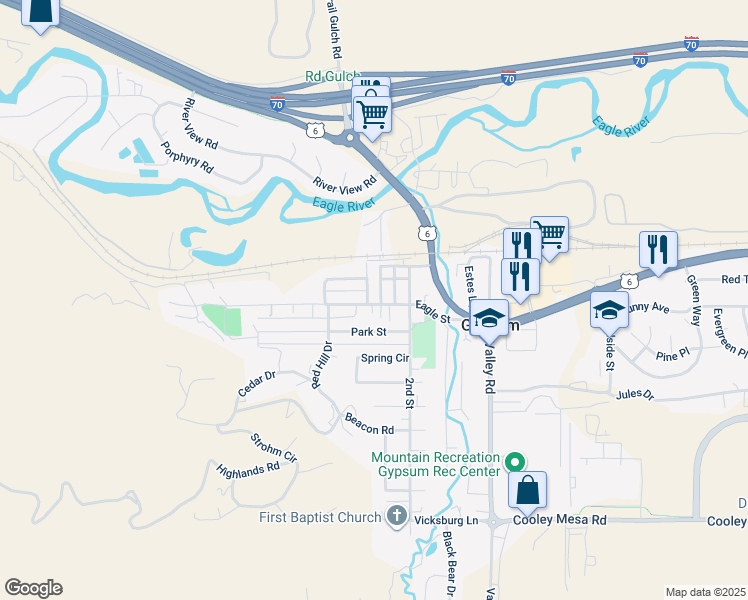 map of restaurants, bars, coffee shops, grocery stores, and more near 137 Eagle Street in Gypsum