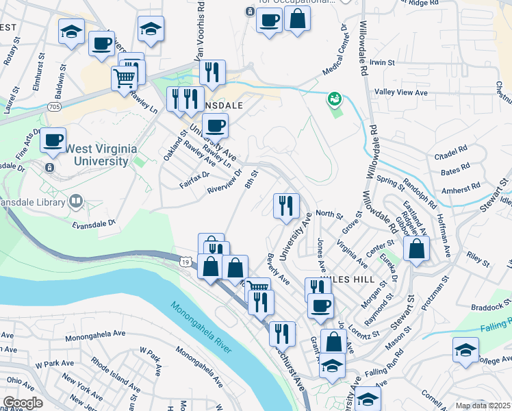 map of restaurants, bars, coffee shops, grocery stores, and more near 349 Gilmore Street in Morgantown