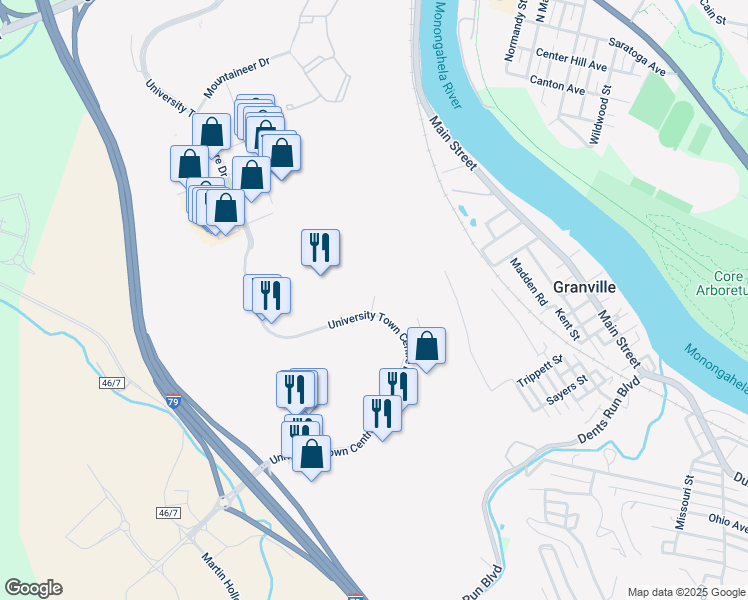map of restaurants, bars, coffee shops, grocery stores, and more near University Town Centre Drive in Granville