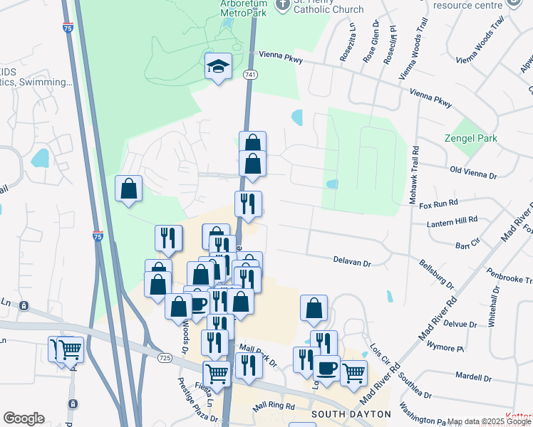 map of restaurants, bars, coffee shops, grocery stores, and more near 7300 North Springboro Pike in Dayton