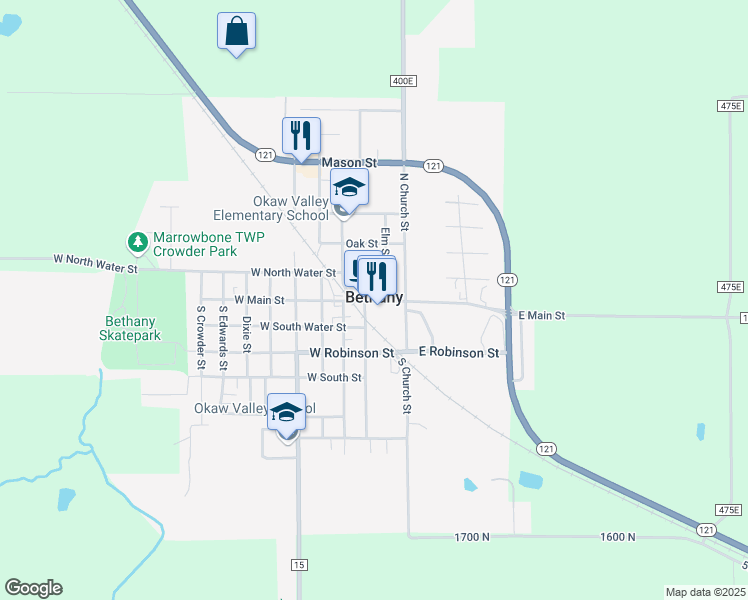 map of restaurants, bars, coffee shops, grocery stores, and more near in Bethany