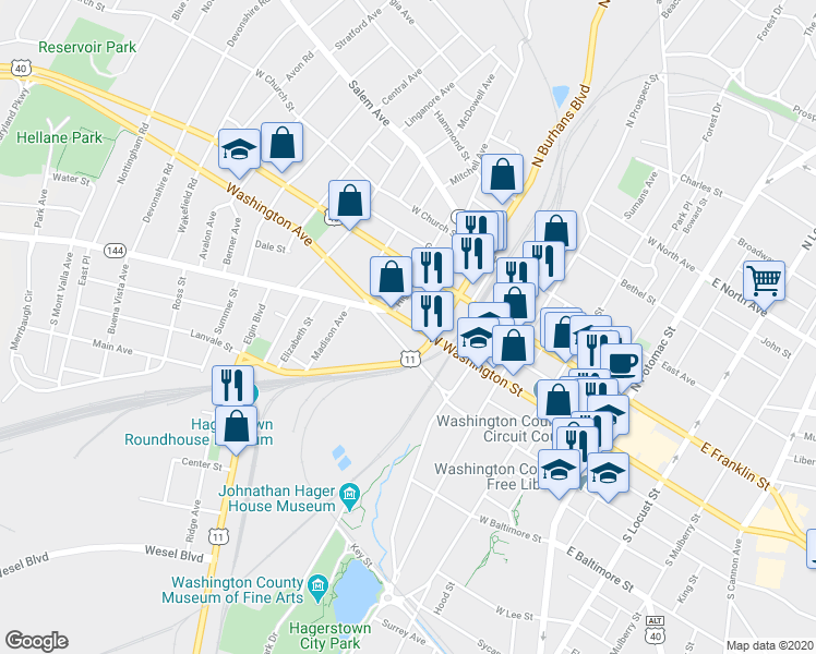 map of restaurants, bars, coffee shops, grocery stores, and more near 427 West Washington Street in Hagerstown