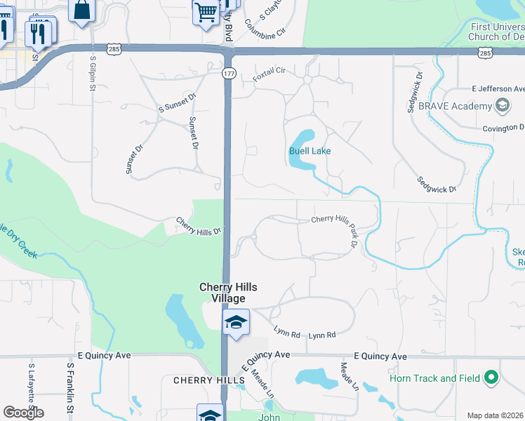 map of restaurants, bars, coffee shops, grocery stores, and more near 3 Cherry Hills Park Drive in Englewood