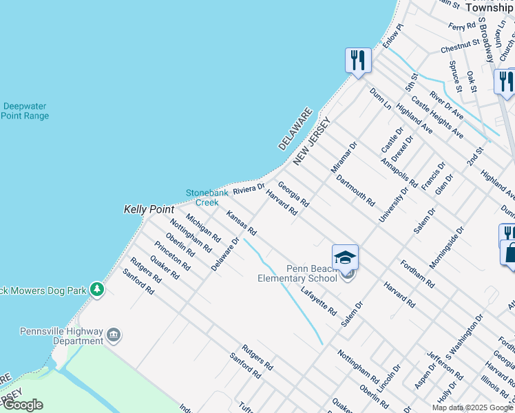 map of restaurants, bars, coffee shops, grocery stores, and more near 99 Delaware Drive in Pennsville Township