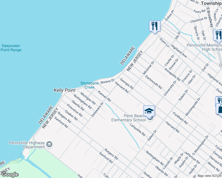map of restaurants, bars, coffee shops, grocery stores, and more near 99 Delaware Drive in Pennsville Township