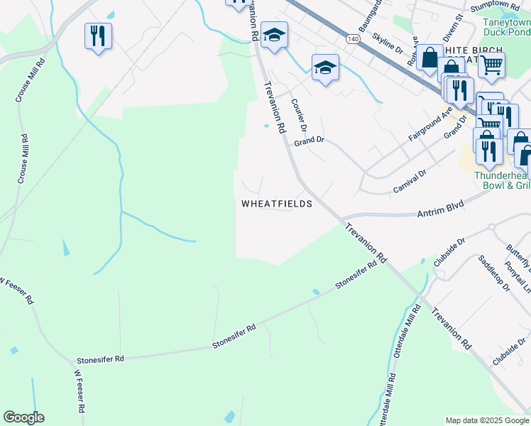 map of restaurants, bars, coffee shops, grocery stores, and more near 11 Starboard Drive in Taneytown