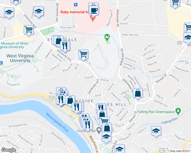 map of restaurants, bars, coffee shops, grocery stores, and more near 2627 University Avenue in Morgantown