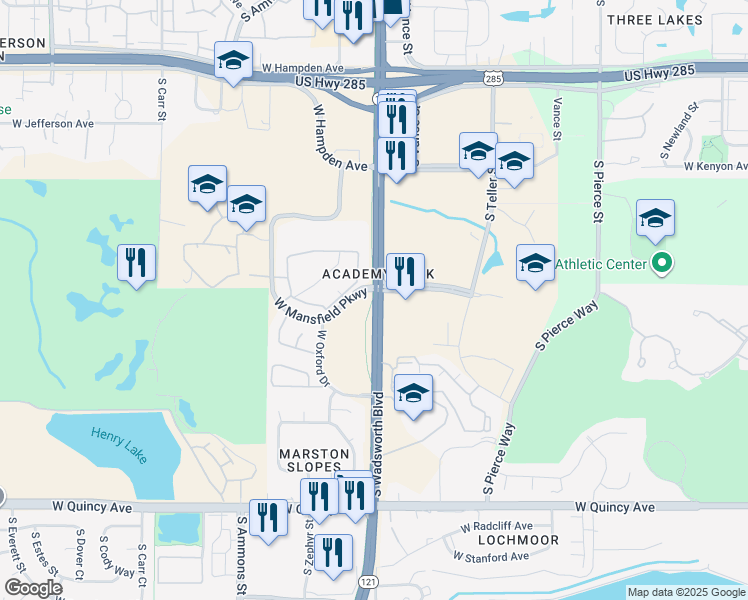 map of restaurants, bars, coffee shops, grocery stores, and more near 3972 South Wadsworth Boulevard in Lakewood